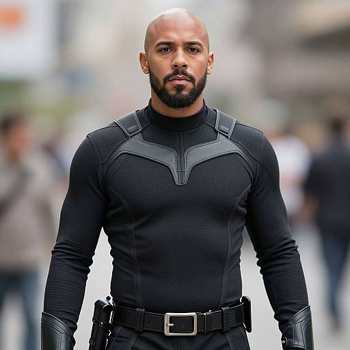 Photograph of a bald, bearded black man in a black, textured, long-sleeve superhero suit with gray harness details, standing in a