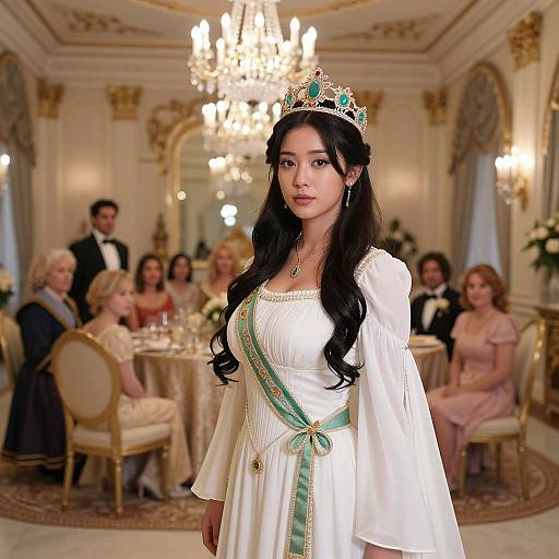 Photograph of an Asian woman with long black hair, wearing a white gown, green sash, and silver tiara, standing in an opulent