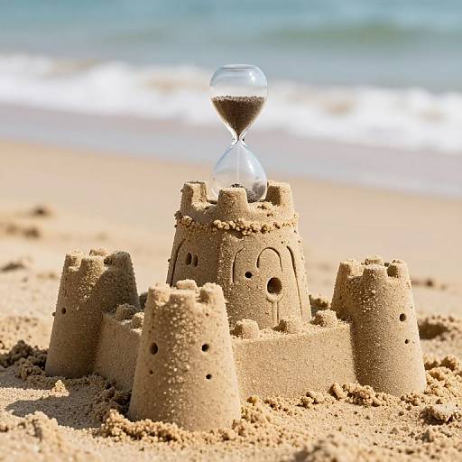 Photograph of a detailed sandcastle with towers and a small window, featuring a glass hourglass on top, set on a sunny beach with blue ocean