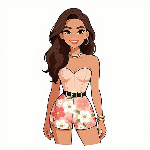 Smiling Woman in Peach Floral Outfit