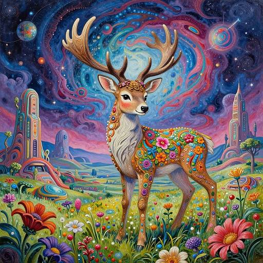 Vibrant digital art of a deer with colorful floral patterns, standing in a surreal, cosmic meadow with swirling galaxies and fantastical buildings.