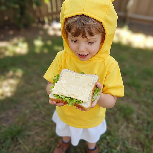 Photograph of a smiling young boy in a yellow hooded shirt, white shorts, and brown shoes, holding a sandwich with cream cheese and lettuce in