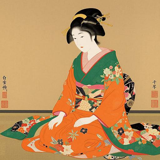 Traditional Japanese ukiyo-e style woodblock print of a serene woman in a vibrant orange and green floral kimono, seated on tatami mat.