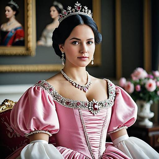 Young woman in vintage pink royal gown with crown