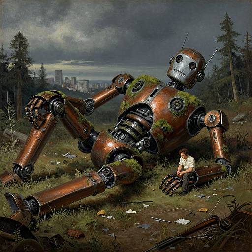 Digital painting: A rusted, moss-covered robot sits in a grassy, littered forest, next to a small, sad human in a white