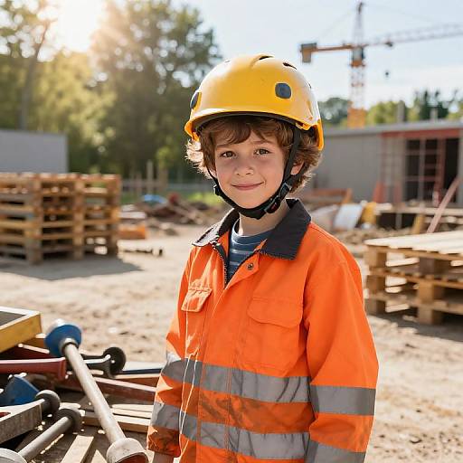 Confident Boy at Sunny Construction Site