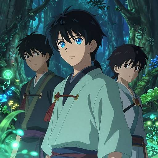Anime Males in Mystical Bioluminescent Forest