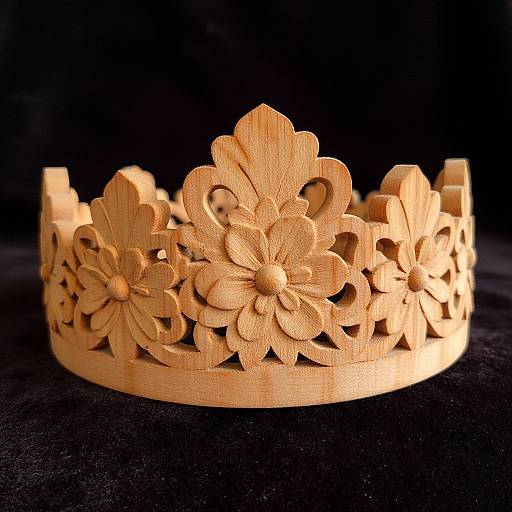 Photograph of a wooden crown with intricate, carved floral patterns, set against a black background. Light wood texture, detailed petals, and a circular design