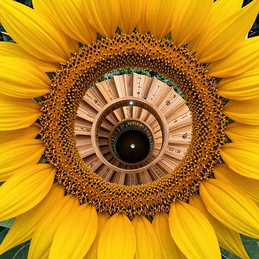 Close-up photograph of a vibrant sunflower with yellow petals and a detailed, circular brown and orange center, creating a mesmerizing spiral effect.