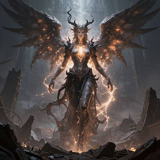 Digital fantasy artwork of a powerful, glowing, demonic angel with fiery wings, horns, and armor, standing amidst broken ruins under a moonlit sky.
