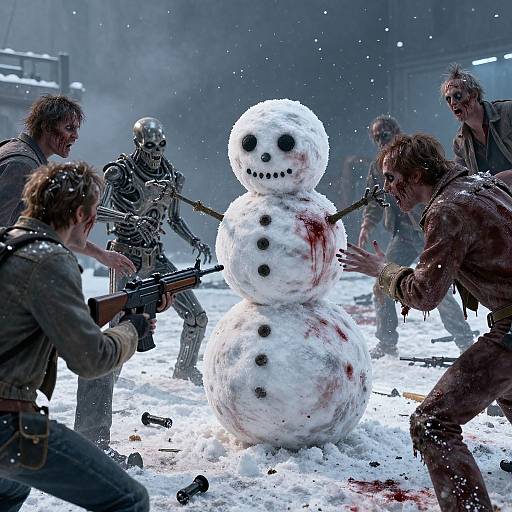Photograph: Snowman with black coal eyes and smile, surrounded by five dirty, disheveled, armed humans with guns, in a snowy,