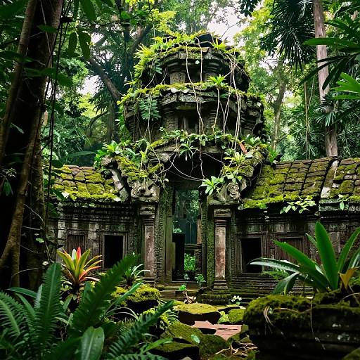 Photograph of an ancient, moss-covered stone temple deep in a lush, dense jungle, with vibrant green foliage and sunlight filtering through trees.