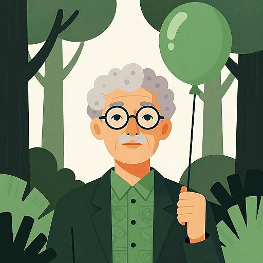 Digital illustration of an elderly man with curly gray hair, round glasses, and green shirt, holding a green balloon in a forest.