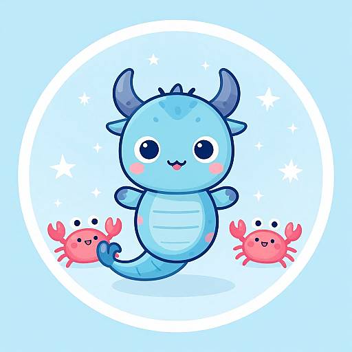 Cute digital illustration of a blue, horned, chubby dragon with a tail, surrounded by two pink crabs on a light blue background with white