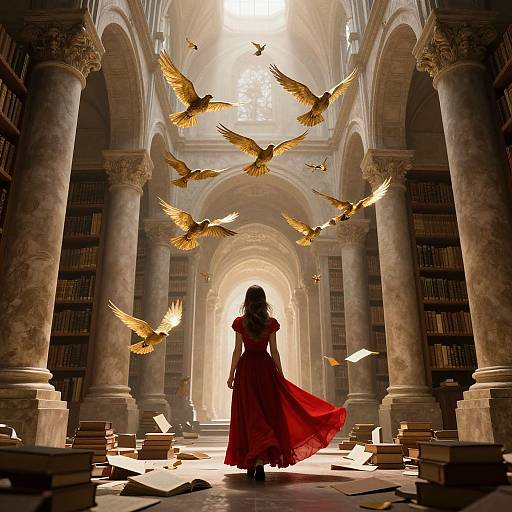 Silhouetted woman in red dress, long hair, stands in sunlit, grand library with golden birds flying overhead, surrounded by scattered books.