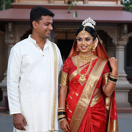 Photograph of a smiling Indian couple in traditional wedding attire; groom in white kurta, bride in red and gold sari with gold jewelry and ti