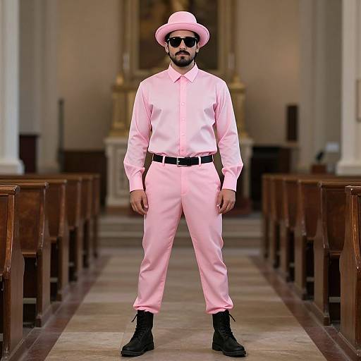 Stylish Pink-Clad Man in Church