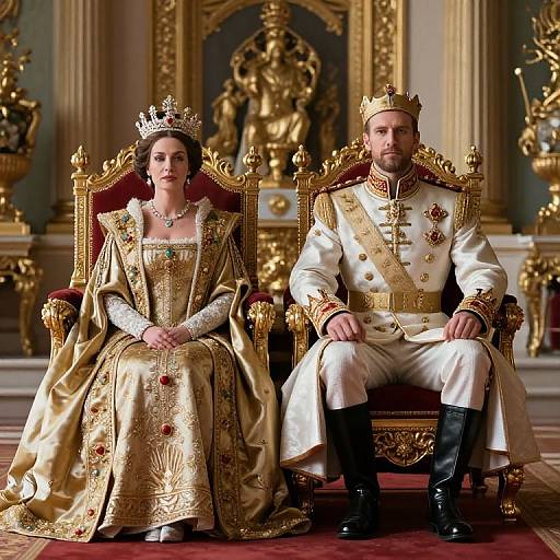 Photograph of a regal couple, a queen in gold embroidered gown and crown, and a king in white ornate uniform and crown, sitting on