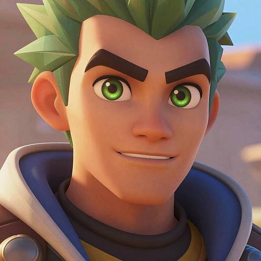 CGI portrait of a young, green-haired anime-style character with large green eyes, thick black eyebrows, and a slight smile, wearing a blue and