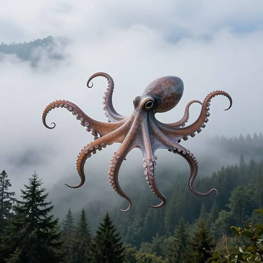 Photograph of a large, detailed octopus with pinkish-brown skin and curled tentacles hovering above a misty, evergreen forest.