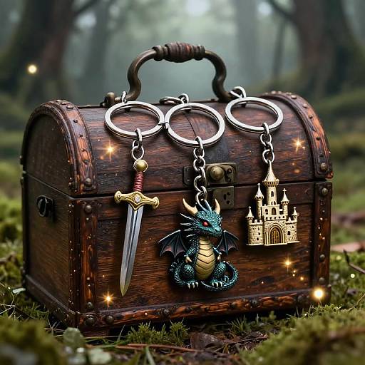 Fantasy Keychains on Wooden Treasure Chest