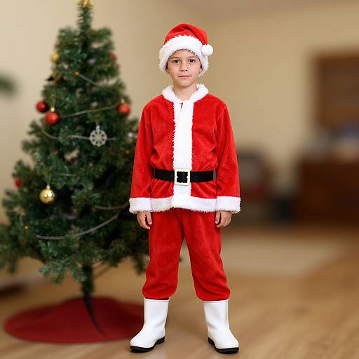 Photograph of a young boy in a red Santa outfit with white trim, black belt, and white boots, standing in front of a decorated Christmas tree