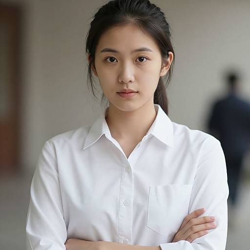 Photograph of an Asian woman with long black hair in a ponytail, wearing a white button-up shirt, standing with arms crossed, neutral expression,