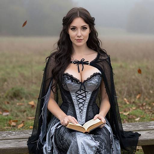 Photograph of a fair-skinned woman with long black hair, wearing a black lace corset and cape, reading a book outdoors on a foggy