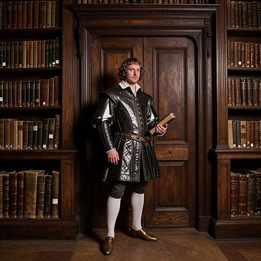 Photograph of a young man with curly hair, wearing a shiny black velvet tunic, white stockings, and brown shoes, holding a book, standing