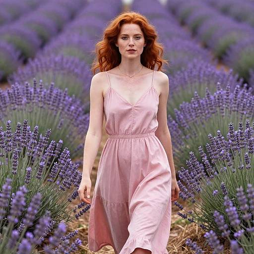 Photograph of a red-haired woman in a pink sundress walking through a vibrant lavender field, with rows of purple flowers stretching into the background.