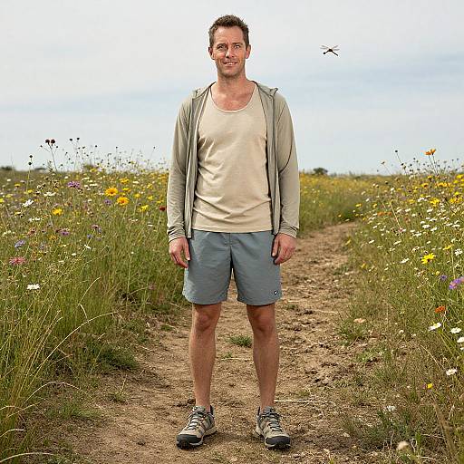 Photograph of a tall, fit man with short brown hair, wearing glasses, beige shirt, gray jacket, blue shorts, and sneakers, standing on