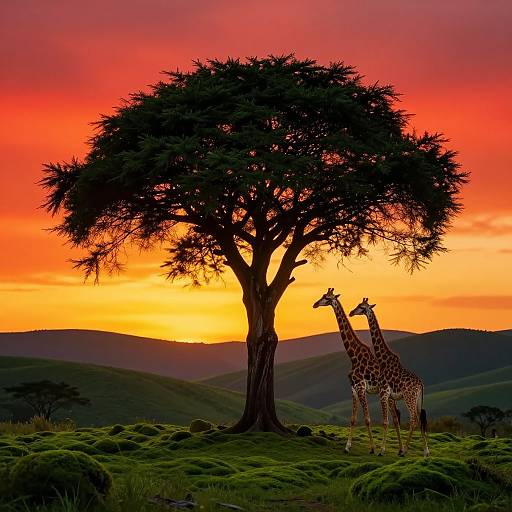 Photograph of two giraffes standing beside a large acacia tree against a vivid orange and red sunset, with rolling green hills in the background.