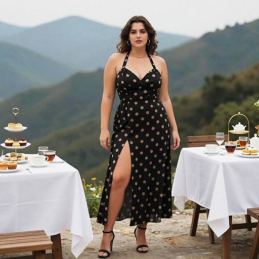 Photograph of a curvy woman with dark curly hair in a black polka dot dress with a thigh-high slit, standing outdoors on a stone patio