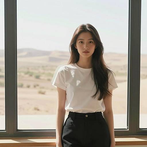 Young Woman Standing by Window with Desert View