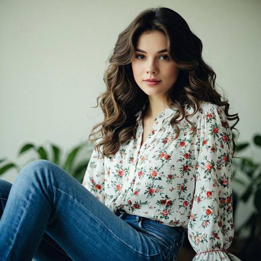 Young Woman in Floral Blouse and Jeans