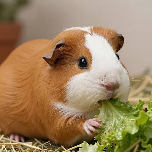 Cute Guinea Pig Eating Lettuce Close-Up