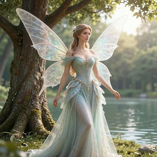 Photograph-style CGI of a fairy with iridescent wings, wearing a shimmering, off-shoulder, silver-blue gown, standing by a