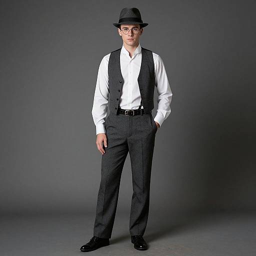 Photograph of a man in a white shirt, black vest, suspenders, black trousers, black shoes, and black fedora, standing against a