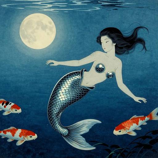 Digital painting of a silver-scaled mermaid with black hair, floating underwater beside a bright moon, surrounded by four vibrant orange and white koi fish