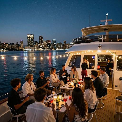 Photograph of a nighttime yacht party with eight casually dressed adults, illuminated by string lights, overlooking a city skyline with sparkling reflections on the water.