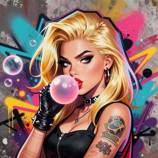Digital illustration of a blonde, punk-rock woman with red lipstick, black gloves, and tattoos, blowing a bubblegum bubble against a colorful, graffiti
