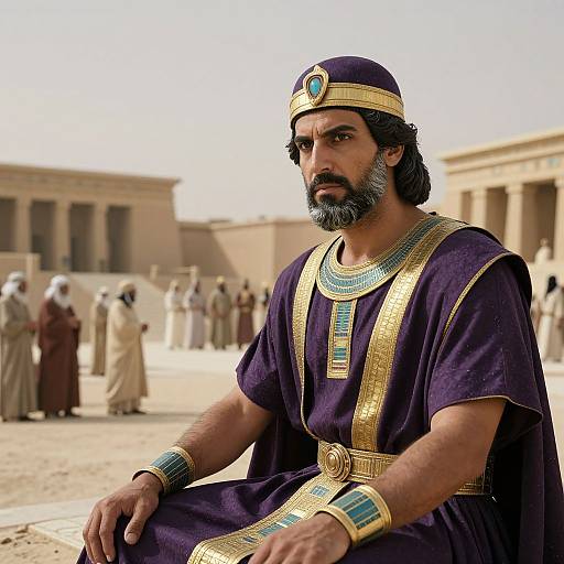 Photograph of a bearded Middle Eastern man with dark hair, wearing ancient Egyptian royal attire, sitting in a sunlit, sandy courtyard with blurred figures