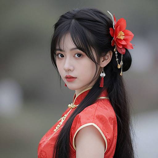 Photograph of a young Asian woman with long black hair, red flower hairpin, and red Chinese cheongsam, looking over her shoulder, with