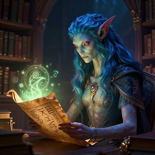 Digital fantasy artwork of a blue-skinned elf with long blue hair, reading a glowing magical book in a dimly lit library.