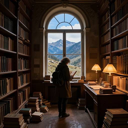 Photograph of an elderly person with curly hair, wearing a coat and backpack, standing in a dimly lit library reading at a desk by a window