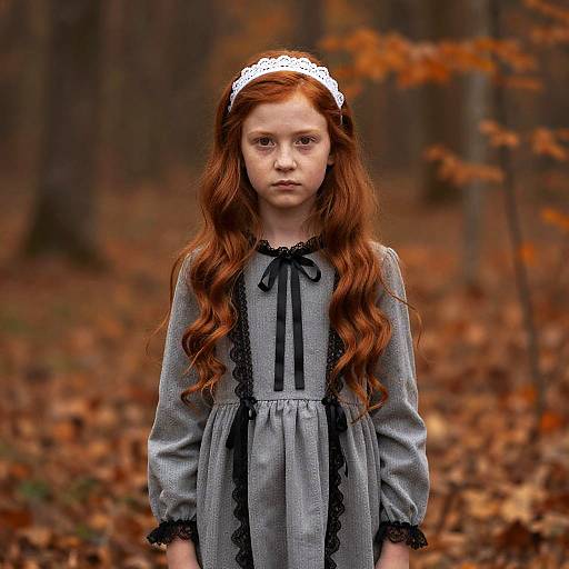 Photograph of a young girl with long red hair, wearing a grey dress with black lace trim and a white headband, standing in a forest with