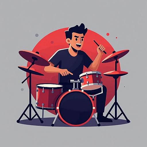 Cartoon illustration of a black-haired man in a black shirt playing a red drum set against a large red circle on light blue background.