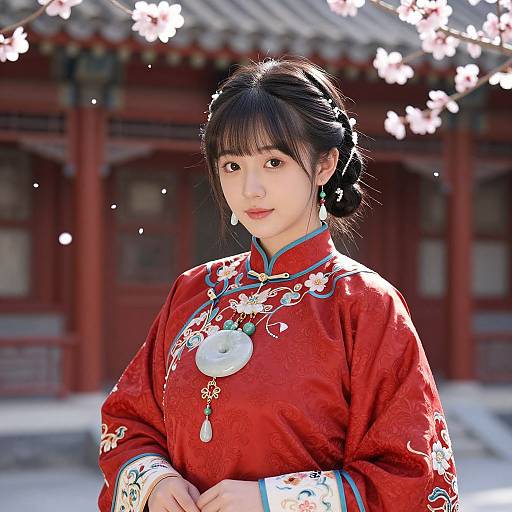 Photograph of a young Asian woman with fair skin, black hair in a bun, wearing a red floral Chinese cheongsam with a silver pendant,