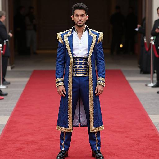Photograph of a bearded man in a luxurious, navy blue, gold-trimmed coat and white shirt, standing on a red carpet.