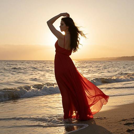 Silhouetted woman in flowing red dress stands on beach at sunset, hands raised, waves gently touching shore, golden light glowing.
